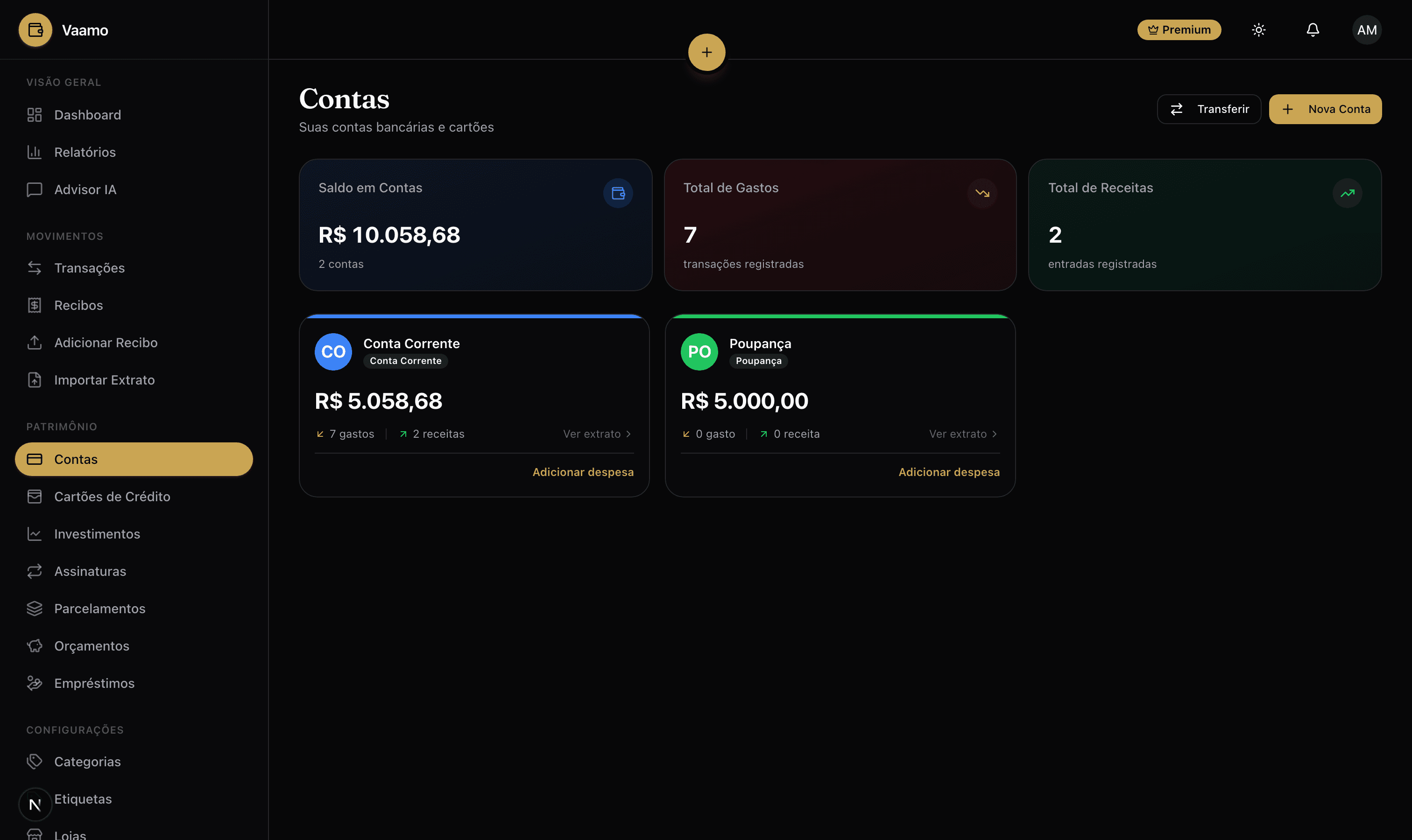 Tela de Contas do Vaamo — Conta corrente, poupança e cartão de crédito com saldo e fatura sempre atualizados.
