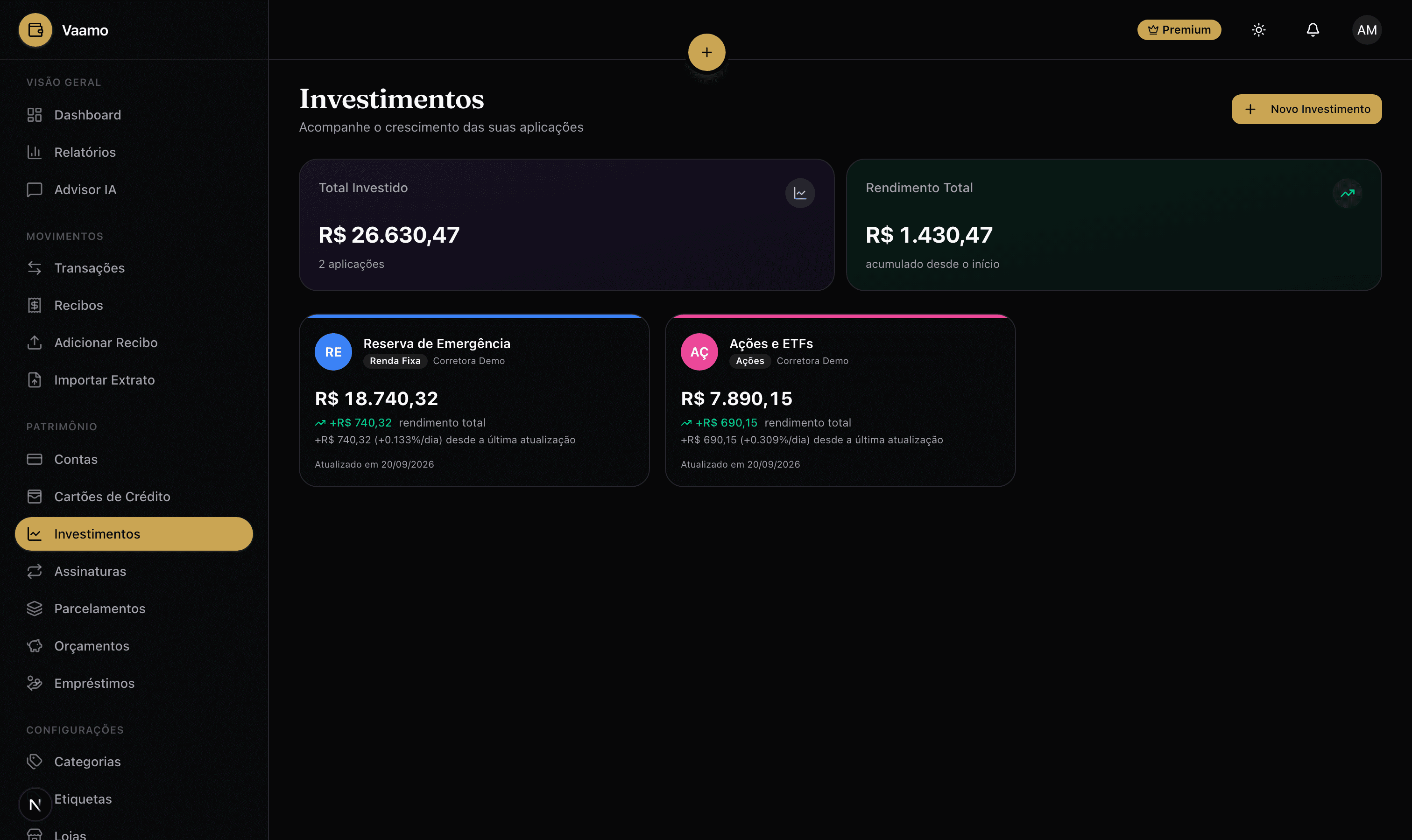 Tela de Investimentos do Vaamo — Acompanhe o rendimento de cada aplicação ao lado dos seus gastos — patrimônio real.