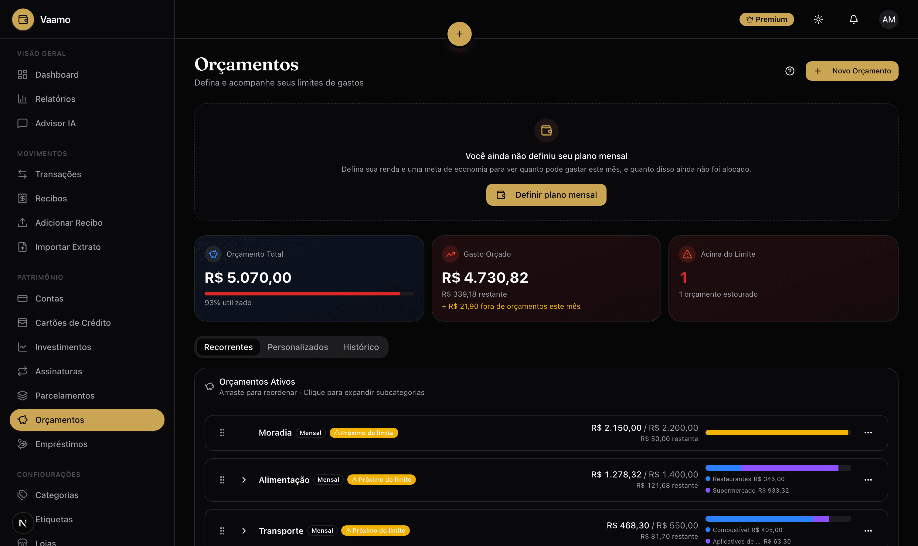Tela de Orçamentos do Vaamo — Limites por categoria com alerta antes de estourar, não só depois que já passou do ponto.