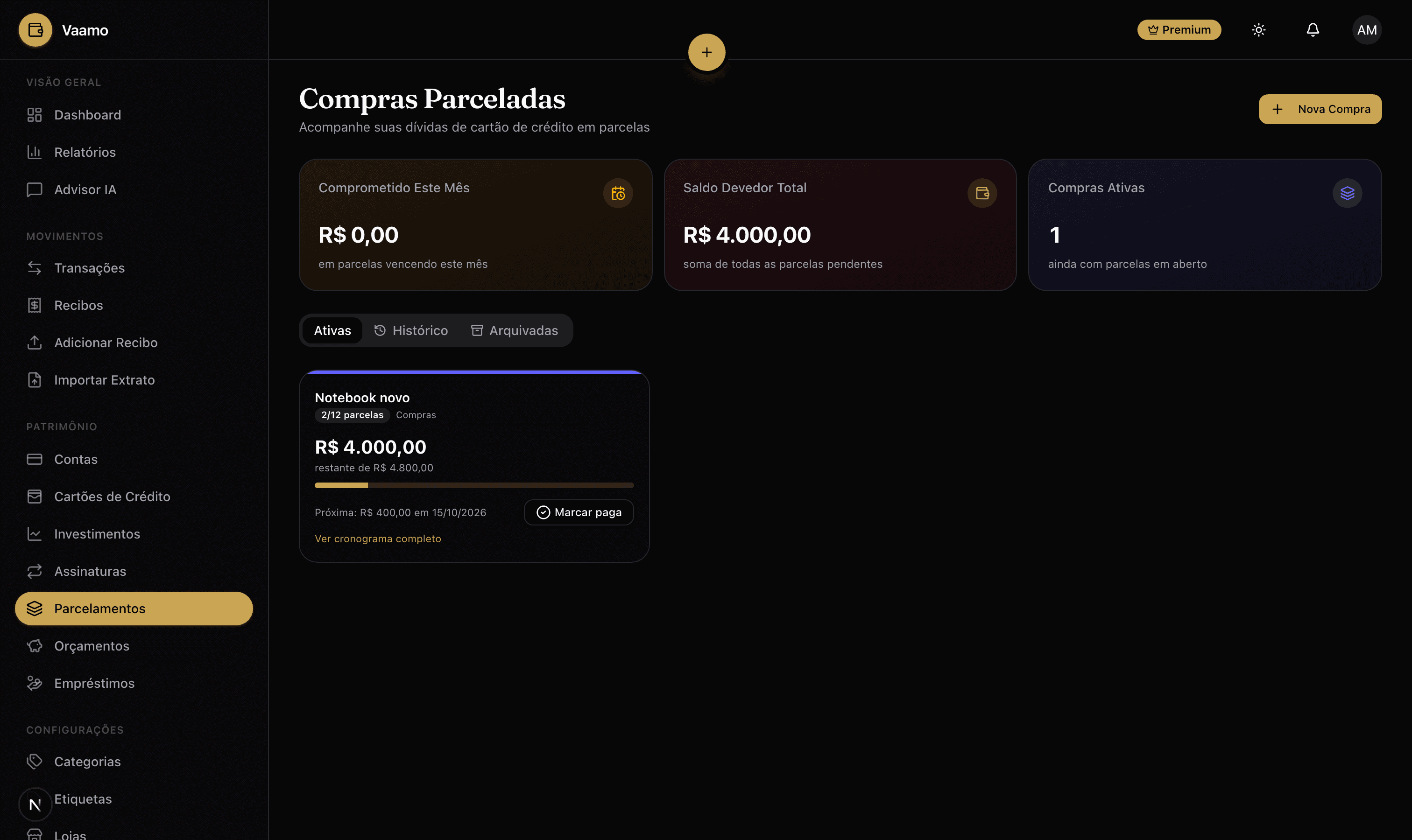 Tela de Parcelamentos do Vaamo — Cada compra parcelada com seu cronograma completo e saldo devedor sempre visível.