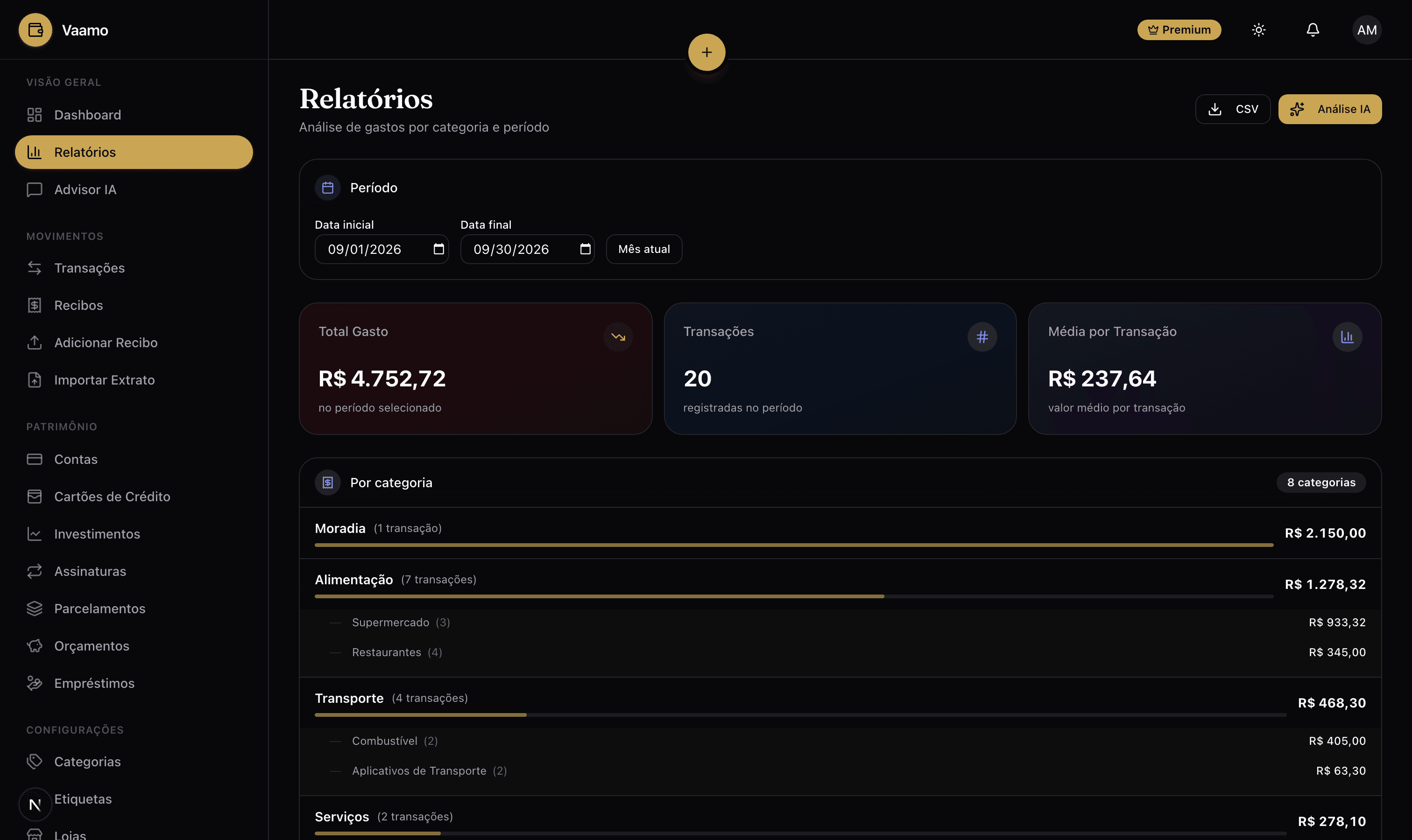 Tela de Relatórios do Vaamo — Gastos por categoria e subcategoria, com o detalhe de cada transação sempre a um clique.